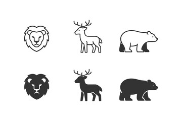 Fototapeta premium Lion, deer, bear icon set - outline and solid animal designs.