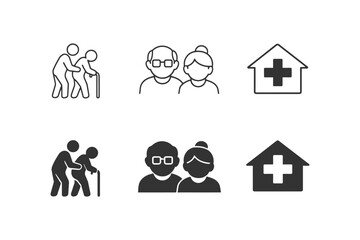 Fototapeta premium Illustrations of elderly caucasian couple and symbols of senior care.