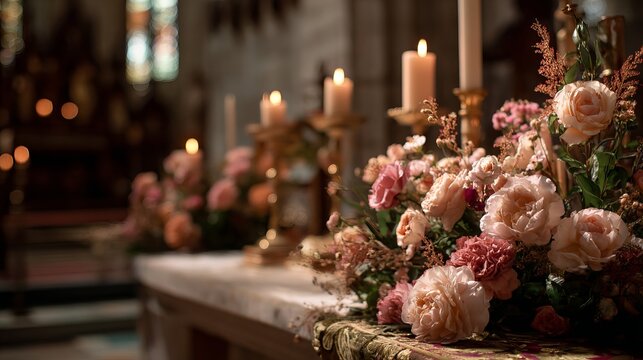 Reverent funeral ceremony with flower decorated coffin symbolic farewell during church service and cemetery burial procession with mourning atmosphere
