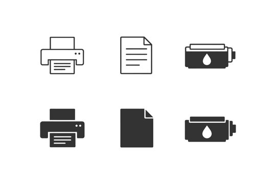 Printer and document icons set with ink cartridge symbols in black and white.