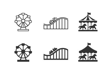 Naklejka premium Amusement park icon set with ferris wheel, roller coaster, and carousel.