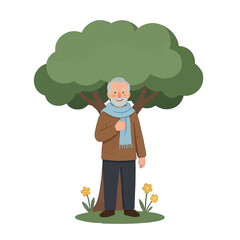 Fototapeta premium Elderly Man Standing under Tree Vector Illustration, Minimalist Cartoon Style for Health and Nature Projects