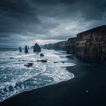 Dramatic Icelandic black sand beach with basalt columns and moody ocean waves, generative AI
