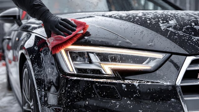 Macro perspective of foam-covered LED headlight corner as black gloved detailer presses red ferrule brush with stunning realism