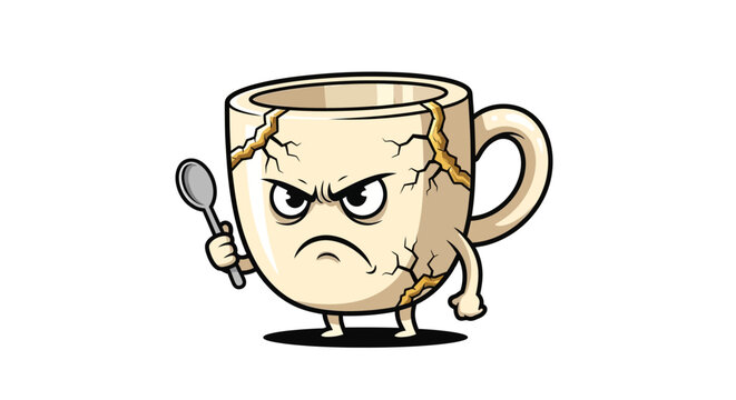 Angry cracked coffee cup cartoon character.