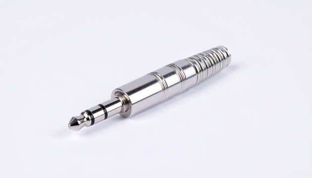 Detailed silver 3.5mm audio jack connector with ribbed texture on white background