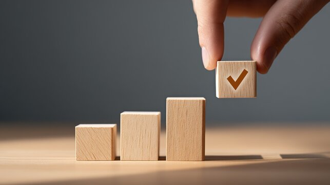 Hand placing a wooden block with a check mark on top of a growing graph