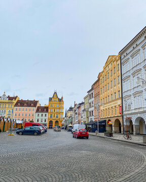 The city center and old town hall square of Ceske Budejovice,  in the South Bohemian region, Czech republic, Czechia 