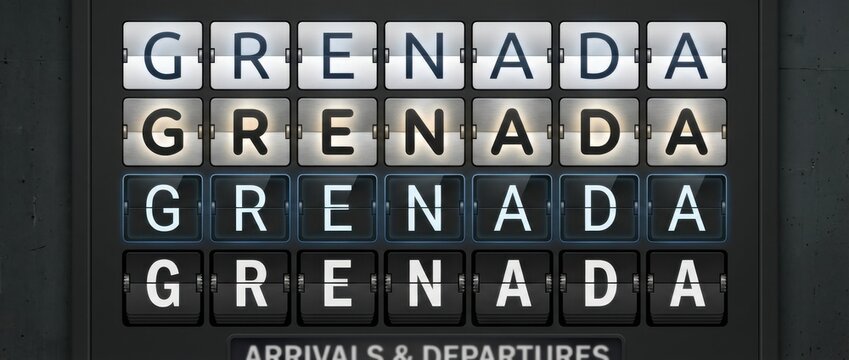 grenada airport split flap display title set with the word grenada spelled across flipboard tiles includes four different board styles