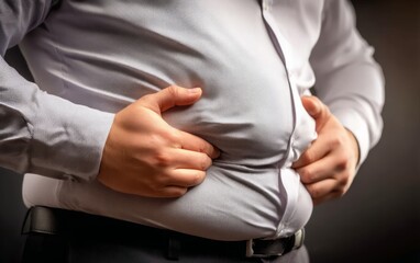 Fototapeta premium Man Gripping His Stomach in a Wrinkled Shirt for a Casual Pose