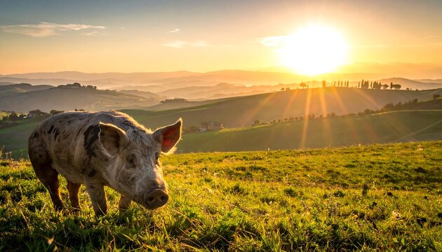 Pig Grazing in a Lush Green Field at Sunrise.