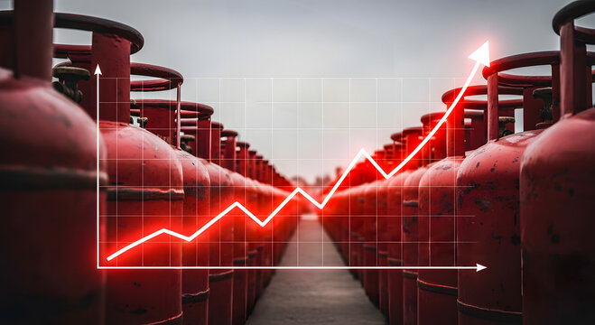 LPG Gas Price Decline with Falling Stock Market Graph and Red Gas Cylinders Energy Crisis Concept