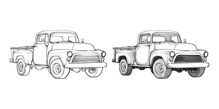 Vintage truck hand drawn sketch with black line art and shading version transparent background 
