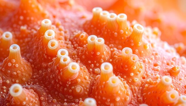 Close-up view of the intricate surface of a starfish, vibrant orange.