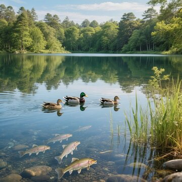 Lake Freshwater body of water with fish ducks and surrounding ve