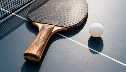 Table tennis paddle and ball close-up on table