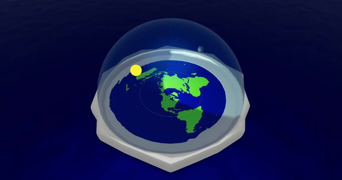 Flat Earth Conspiracy Theory Model Showing the Dome of the Firmament. 3d render video.
