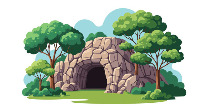 Mysterious rocky cave entrance nestled among lush green trees and bushes under a clear sky in a scenic nature landscape.