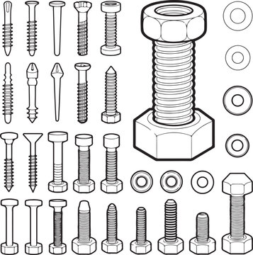 Comprehensive collection of various screws, bolts, and fasteners in detailed illustration