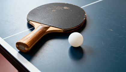 Table tennis paddle and ball close-up on table