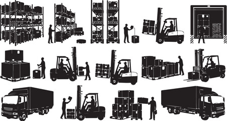 Obraz premium Warehouse Workers with Forklifts and Trucks Loading Unloading Goods Silhouettes