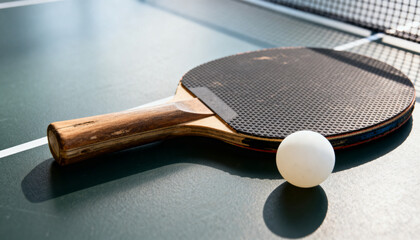 Table tennis paddle and ball close-up on table