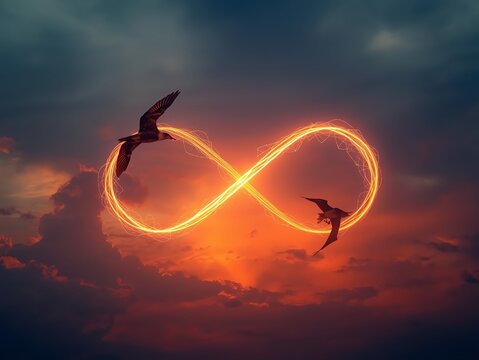 Two birds tracing a glowing golden infinity symbol with light trails against dramatic red sunset sky. Powerful concept of eternity, love, freedom and connection for inspirational and editorial project