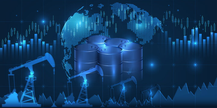 Vector illustration of the globa oil crisis with financial growth charts,oil pump unit and tank for global economic artwork and backgrounds.
