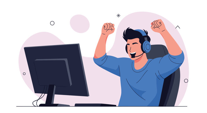 Enthusiastic male gamer wearing a blue hoodie and headset cheers with joy while winning a competitive video game.