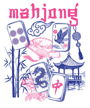 Mahjong tiles and Chinese symbols illustration with dragon, crane, fan and pagoda in chinoiserie style