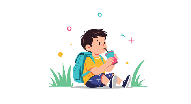Cute little boy with a blue backpack sits on the green grass and enjoys a refreshing colorful drink through a straw.