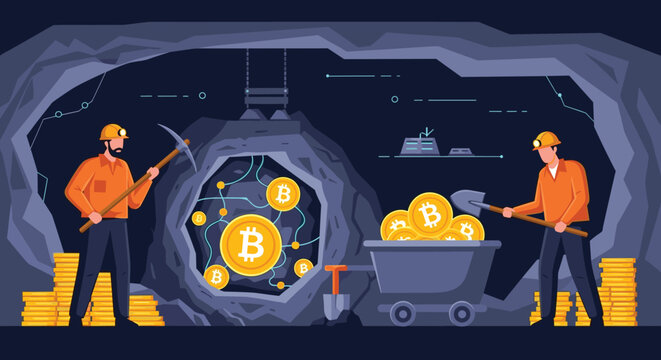Two miners work inside a dark cave using picks and shovels to extract golden bitcoin coins for digital cryptocurrency mining.