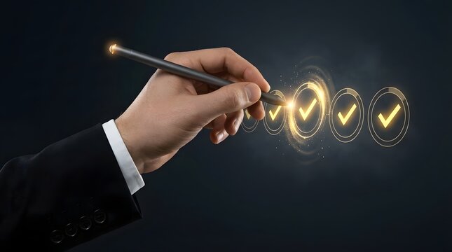 Person using a digital pen to select glowing checkmark icons representing successful completion and progress.