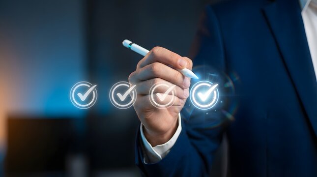 Person using a digital pen to check boxes representing successful completion and positive results.