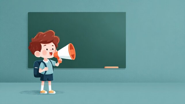 Cartoon schoolboy with a backpack holding a megaphone in front of a blackboard