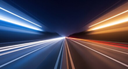 Obraz premium Blurry highway at night with streaks of light from moving vehicles, creating a sense of speed and motion.