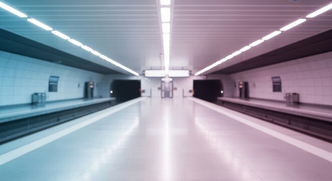 A modern, empty subway station with two platforms and trains waiting on parallel tracks, illuminated by bright overhead lights.