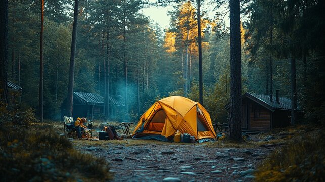A serene camping scene in a wooded area with a yellow tent, campfire smoke rising, and a cozy cabin in the background, evoking a sense of connection with nature and peaceful solitude.