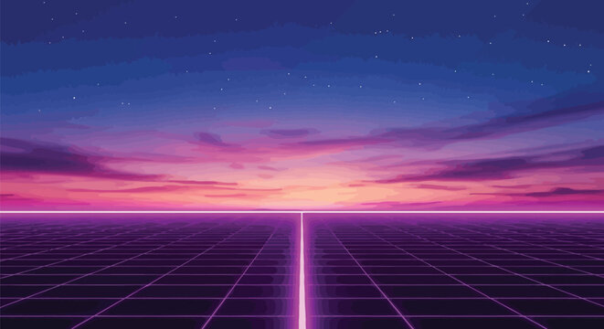 A digital landscape featuring a glowing purple grid stretching toward a vibrant sunset in the sky Vector