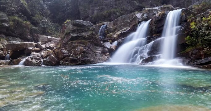 Time-lapse of the twin waterfalls flowing over rugged rocks into a crystal-clear turquoise pool, Lushan mountain, Jiangxi Province, China.
