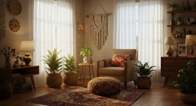 Cozy living room interior with plants armchair window light and decor