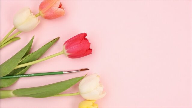 Fresh red and yellow tulips with green leaves, placed in front of a notebook for a creative setting.