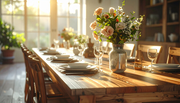 Elegant dining table with floral arrangement