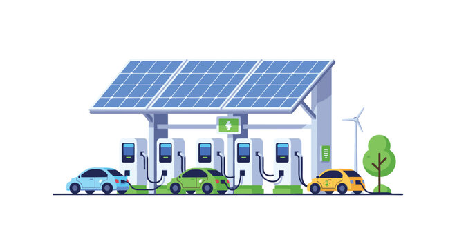 Three vibrant electric cars in blue green and yellow shades charge at a modern station powered by a large blue solar panel array and a wind turbine.