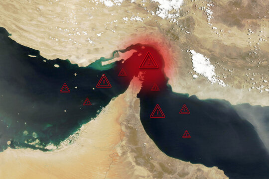 Strait of Hormuz. Middle East Maritime Warning Map. Elements of this image furnished by NASA.