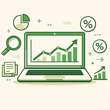 Laptop with Growth Chart Illustration - Green Business Analytics, Data Analysis and Finance Concept