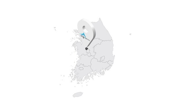 Location Sejong  is metropolitan city on map South Korea. 3d Sejong City emblem map marker location pin. Map of South Korea showing different parts. 4K.  Animated Video