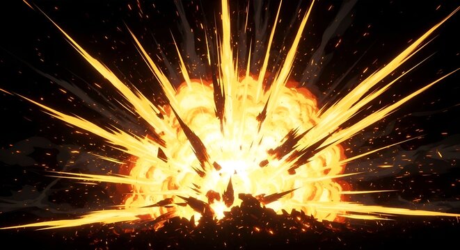 Fiery Explosion Bursting with Intense Orange and Yellow Flames and Debris