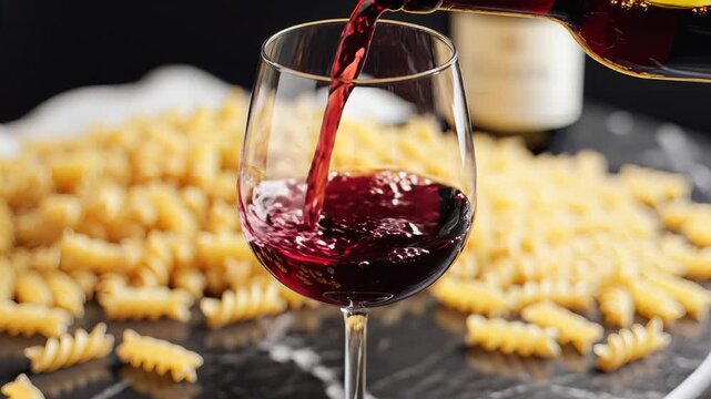 Red Wine Being Poured into a Glass with Pasta Background.