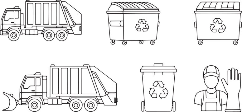 Garbage collection and waste management equipment, including garbage trucks, recycling bins, and worker uniform with gloves on transparent background.